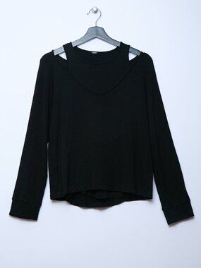 MONROW Ribbed Double Layered Cold Shoulder Loose Fit Balletcore Top L